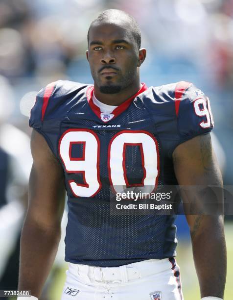 Defensive end Mario Williams of the Houston Texans looks on during a game against the Carolina Panthers at Bank of America Stadium on September 16,...