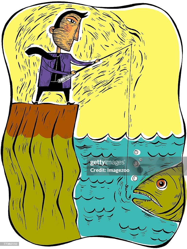 Businessman fishing for a very large fish