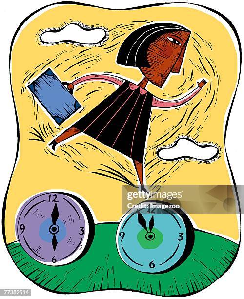 ilustrações de stock, clip art, desenhos animados e ícones de woman leaping between time clocks - time zone