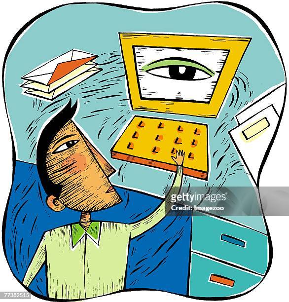 a computer user being watched - caper stock illustrations
