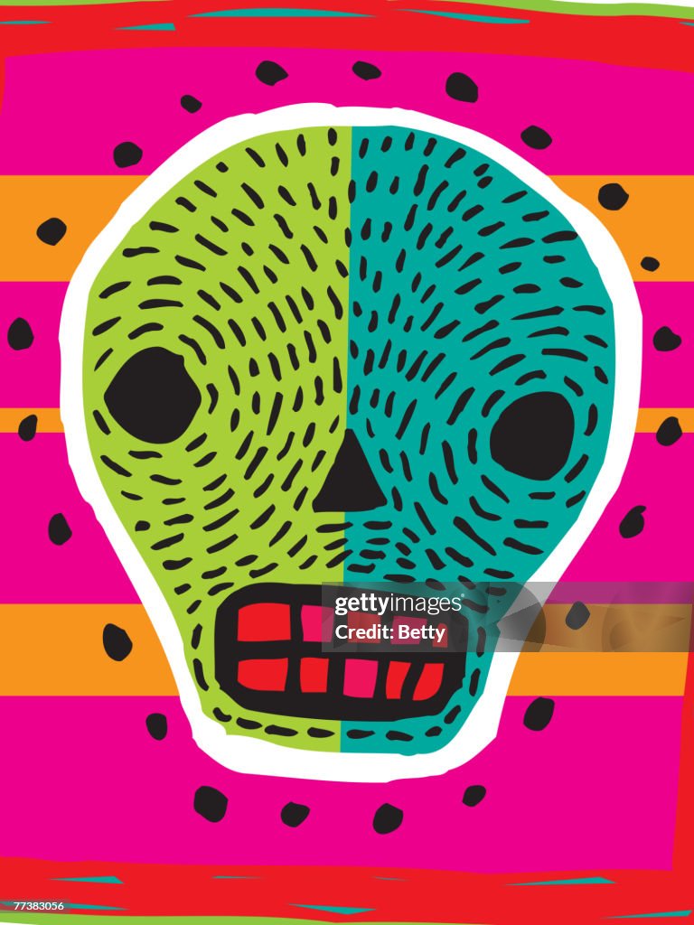 A green and blue skull on a bright background