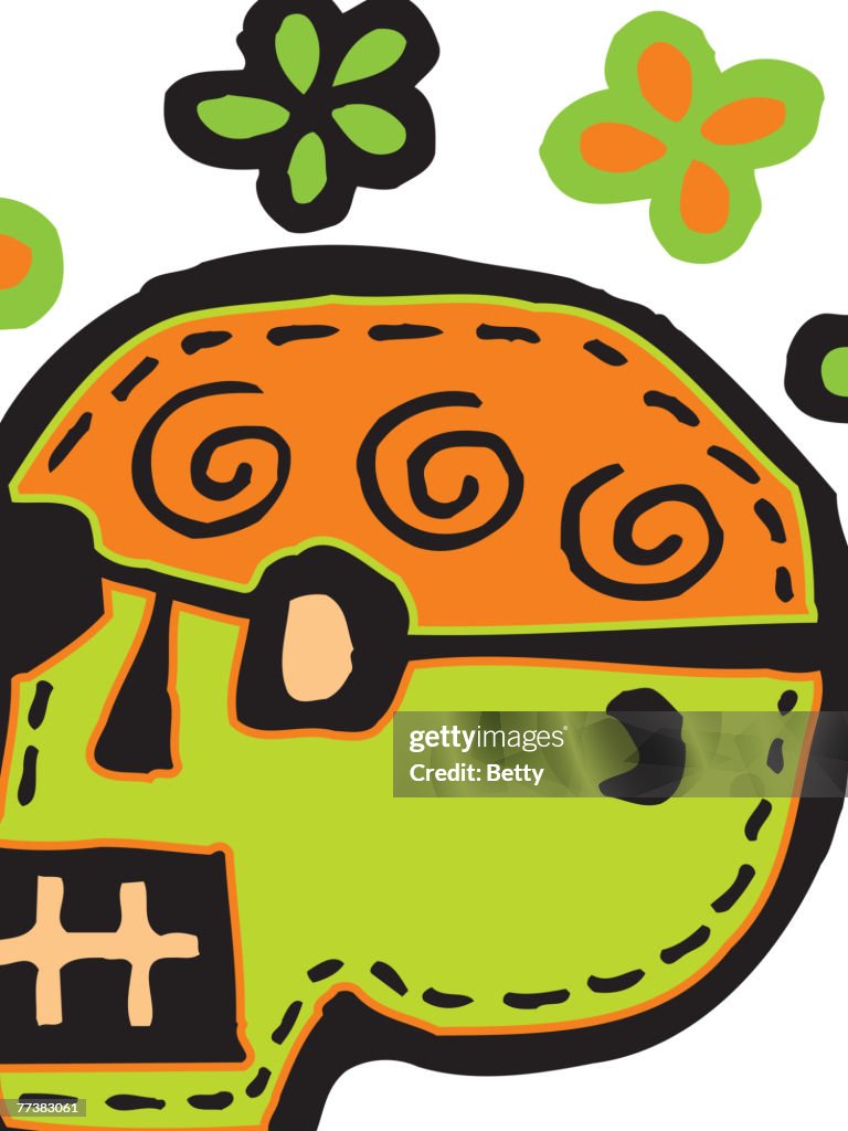 A green skull with flowers represented on a white background