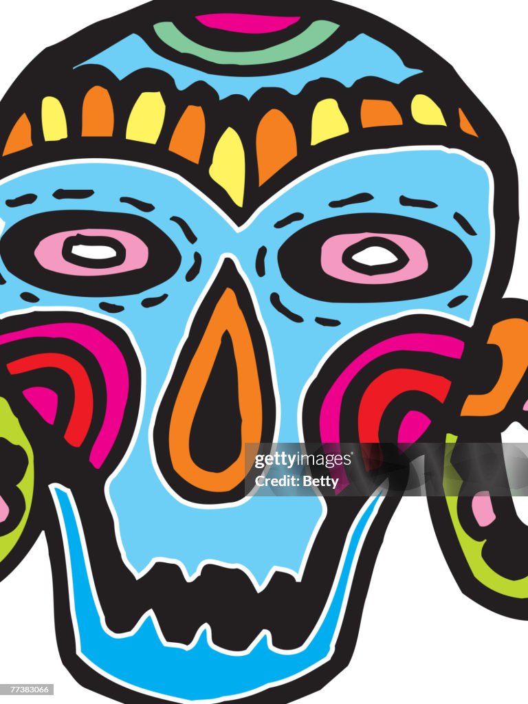 A colorful skull mask with big earrings