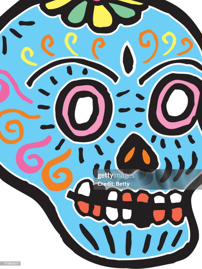 Blue skull with orange teeth