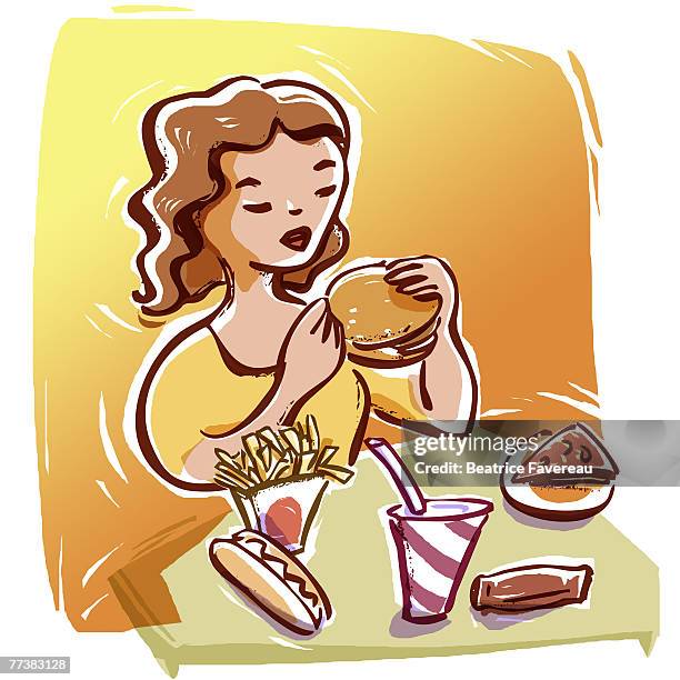 illustrations, cliparts, dessins animés et icônes de young woman eating a variety of junk food - bulimia