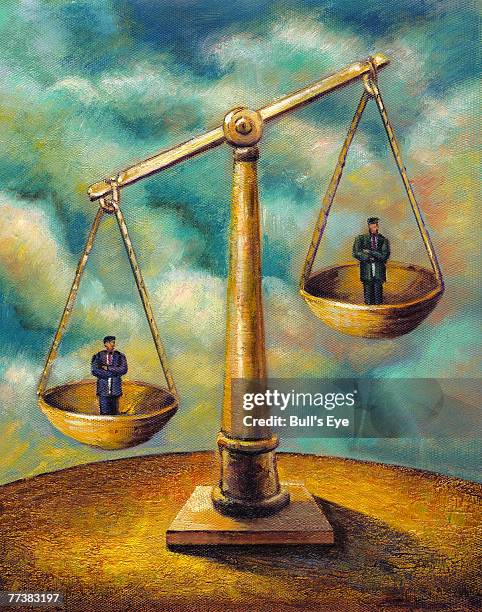 two men standing on weighing scales - unfairness stock illustrations