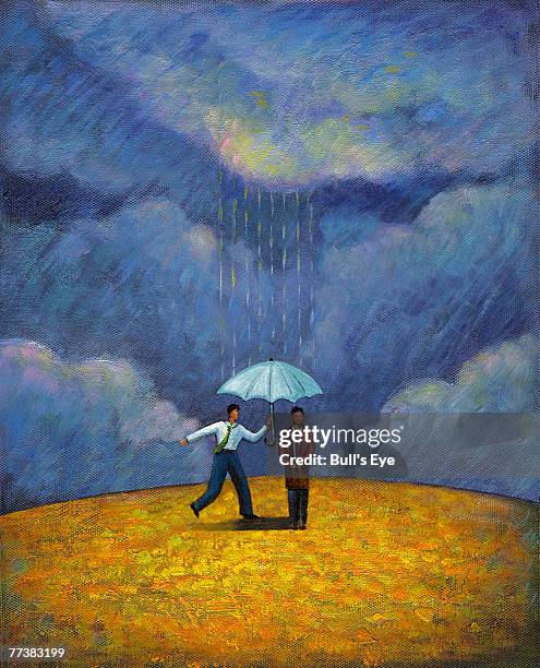 two men standing under an umbrella during a rain storm - outdoor shower stall stock illustrations