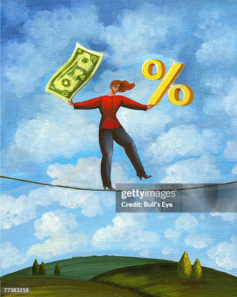 a woman balancing on a rope while holding a dollar bill and a percentage sign - blue blouse stock-grafiken, -clipart, -cartoons und -symbole