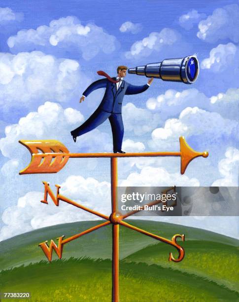 a businessman standing on a weather vane and looking through a telescope - looking through an object stock illustrations