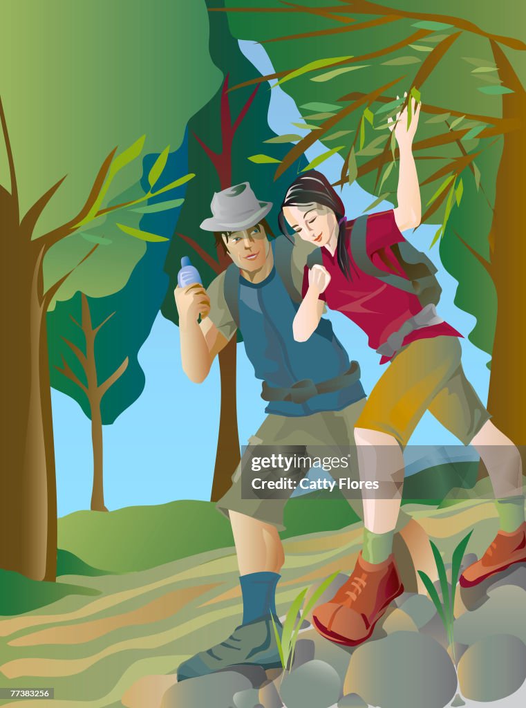 An illustration of a couple hiking together