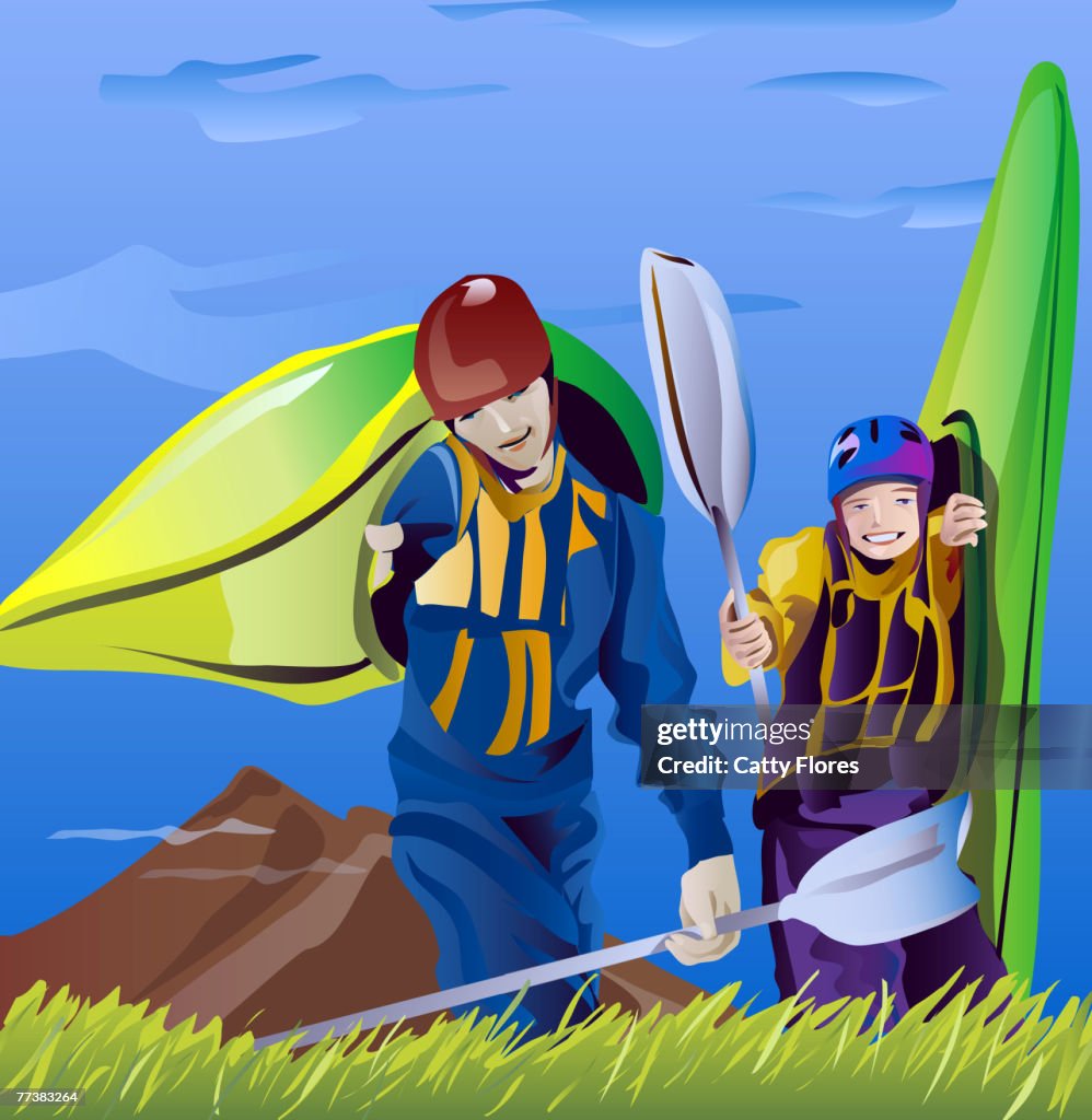 An illustration of two friends portaging their kayaks