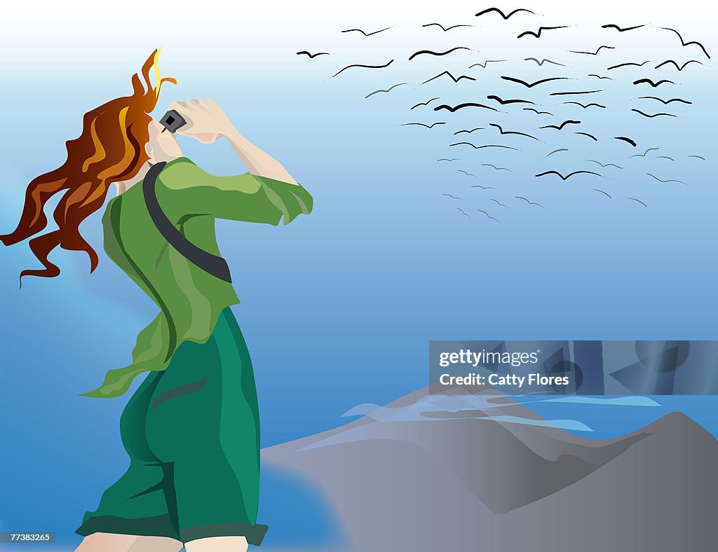 An illustration of a woman bird watching on the mountains