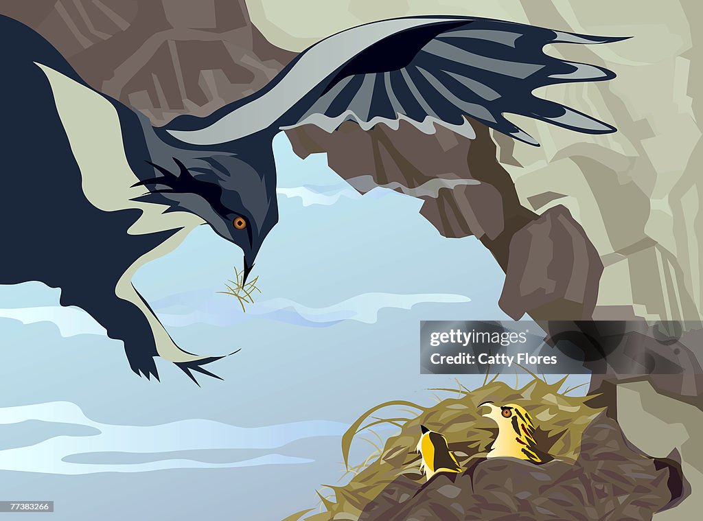 A drawing of mother bird flying to her nest