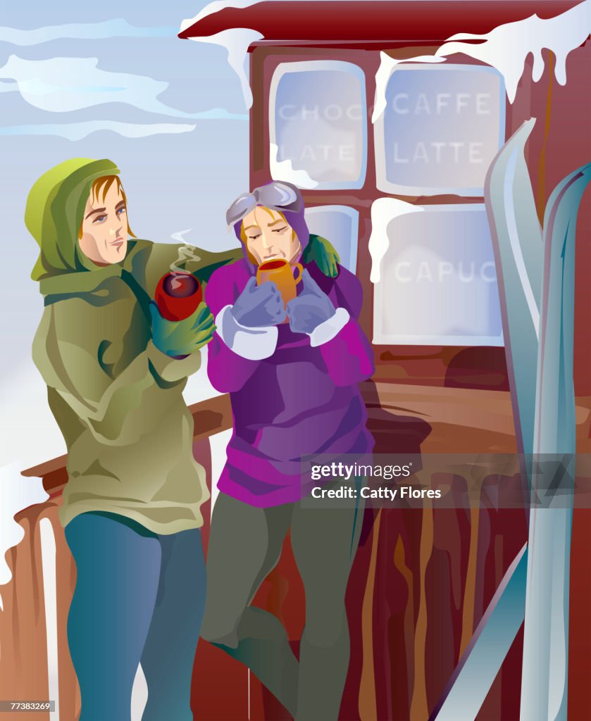 An illustration of a couple enjoying hot beverages at apres ski