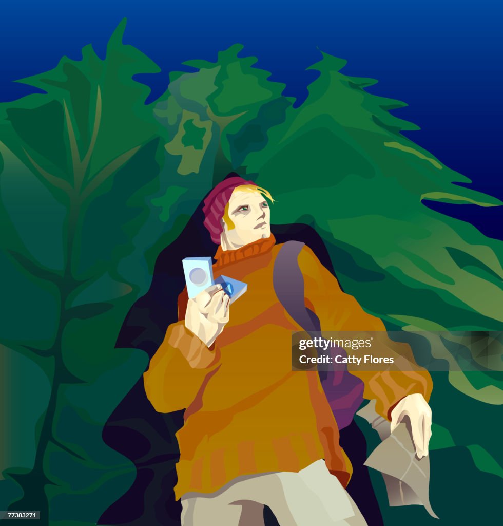 A drawing of a man holding a gps for navigation