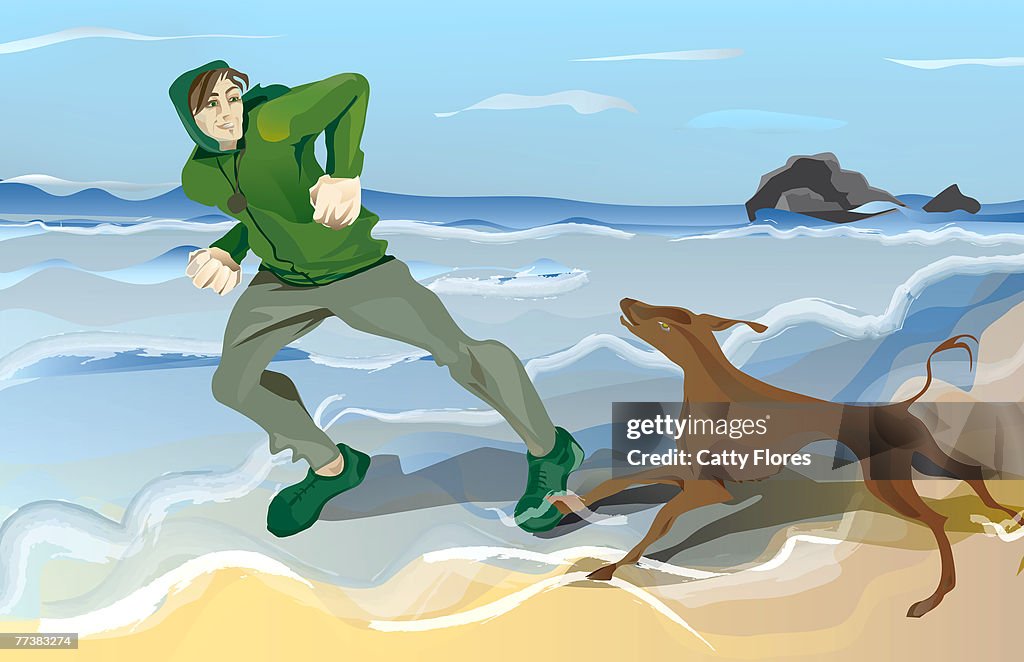 A man with his dog at the beach
