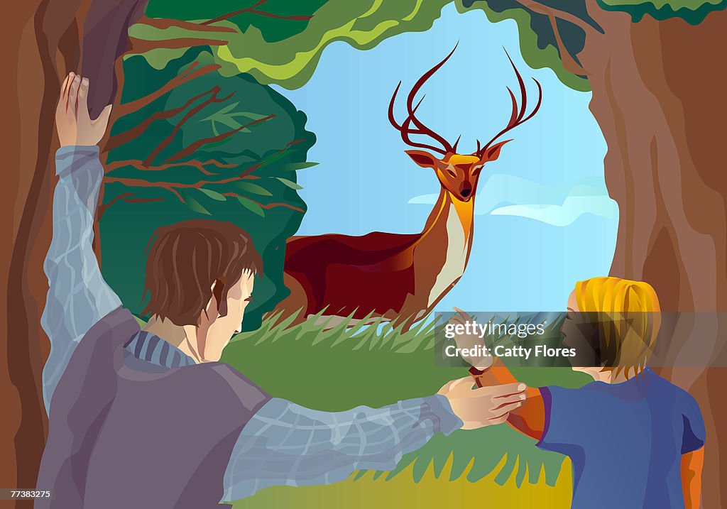 A father and son watching a deer in the forest