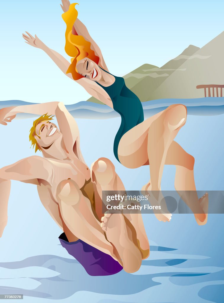 A picture of a happy couple jumping in the water