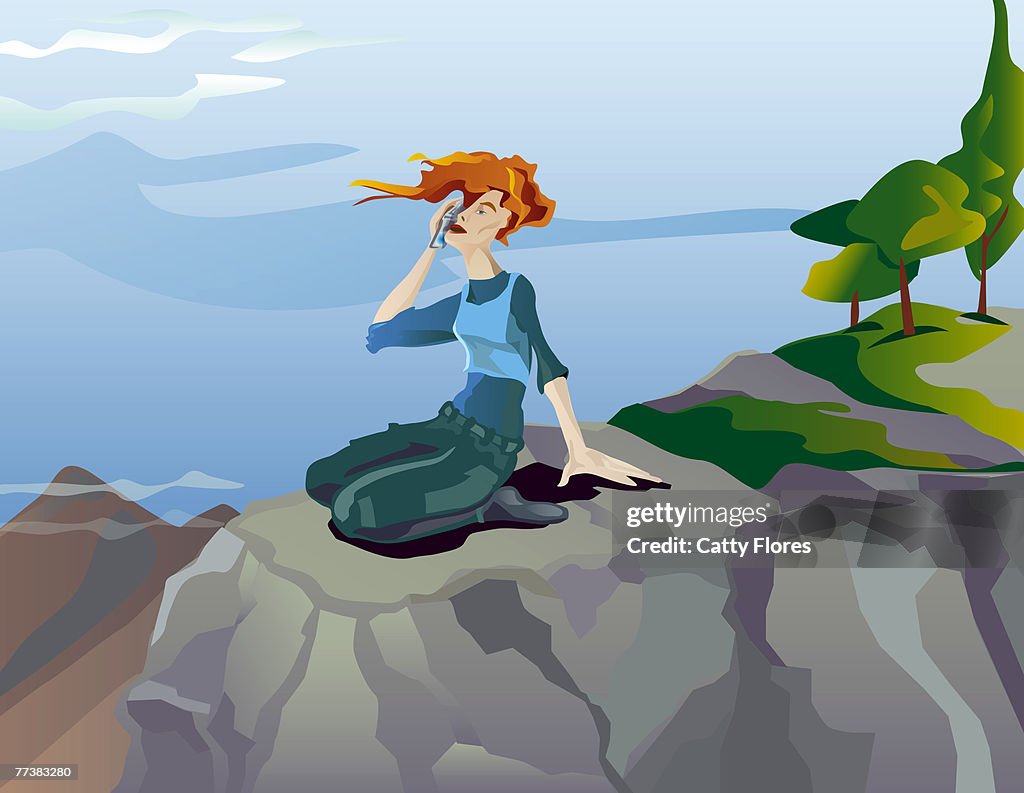 A drawing of woman on a mountain top talking on a cell phone