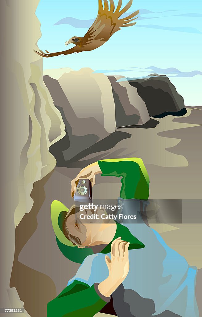 An illustration of a man bird watching