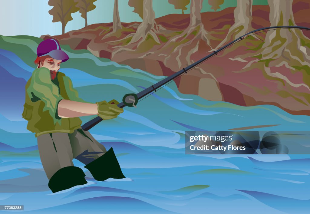 A drawing of a man fishing alone in the jungles