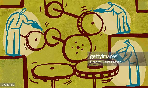 illustration of men oiling gears - operating machine stock illustrations