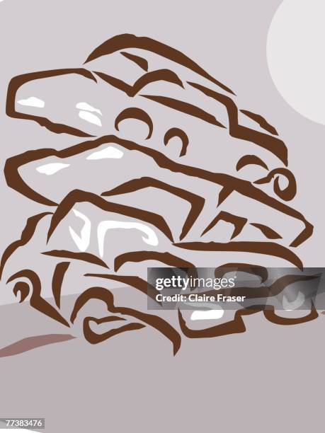 a stack of cars at an auto wrecking yard - garbage pile stock illustrations