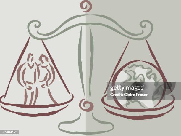 a scale weighing a couple and a globe - two globes stock illustrations