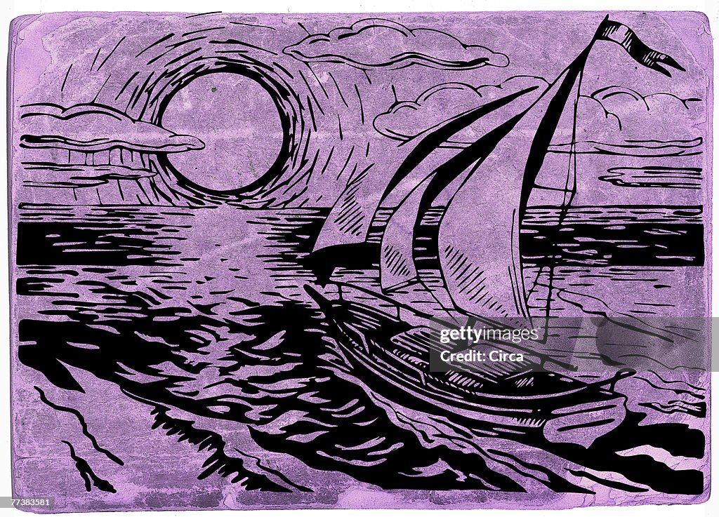 Boat sailing into a sunset on purple background