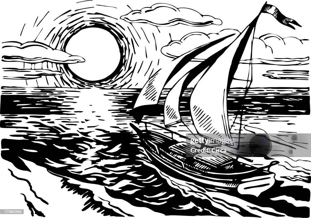 Boat sailing into a sunset black and white