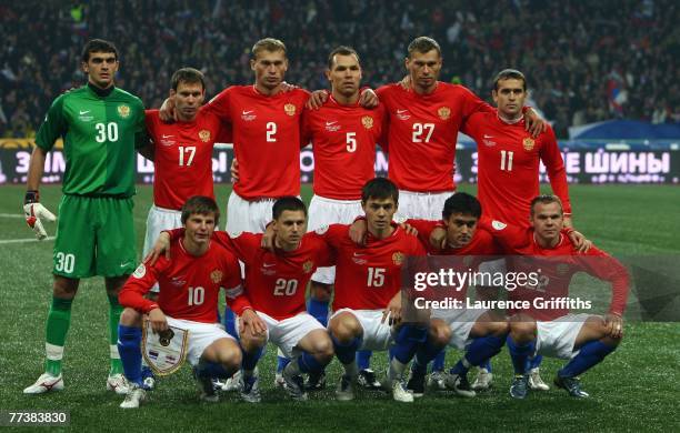 The Russia Team line up before the Euro 2008 qualifying match between Russia and England at The Luzhniki Stadium on October 17, 2007 in Moscow,...