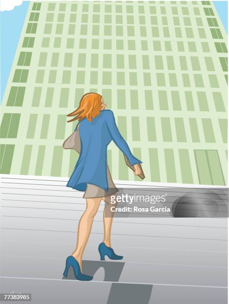 ilustraciones, imágenes clip art, dibujos animados e iconos de stock de a businesswoman walking up stairs towards a building - melena mediana