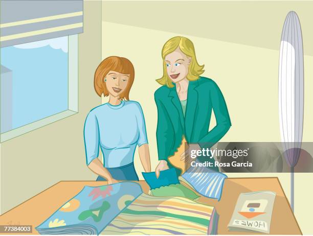 ilustraciones, imágenes clip art, dibujos animados e iconos de stock de two women looking at swatches - melena mediana