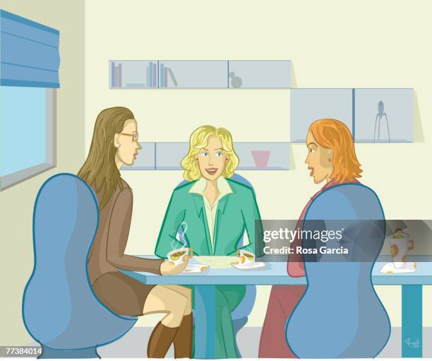 ilustraciones, imágenes clip art, dibujos animados e iconos de stock de three women in a business meeting - melena mediana