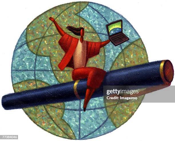 woman flying around globe on pen - business woman movement dynamic stock illustrations