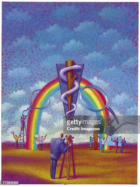 measuring a rainbow - äskulapstab stock-grafiken, -clipart, -cartoons und -symbole