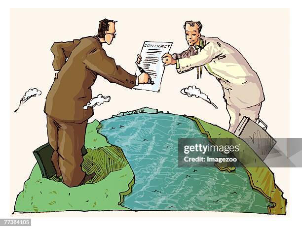 two men doing business from opposite sides of the earth - pledge certificate stock illustrations