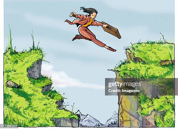 businesswoman jumping over a chasm - crevasse stock illustrations