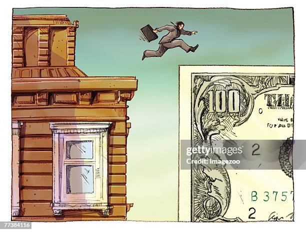 businessman jumping from a building to a dollar sign - 清算点のイラスト素材／クリップアート素材／マンガ素材／アイコン素材