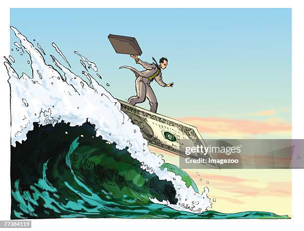 businessman surfing on a dollar surf board - winnings stock illustrations