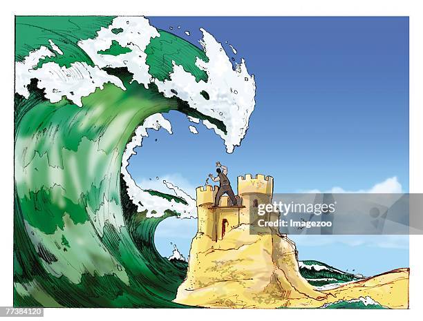 businessman on top of a sandcastle standing underneath a giant ocean wave - liquidation stock illustrations
