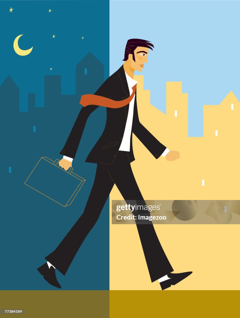 Businessman walking from night into day