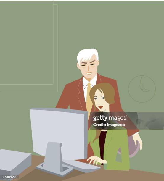 supervisor reviewing an employees work - student work experience stock illustrations