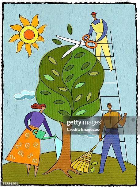 three people caring for a tree - prune stock illustrations