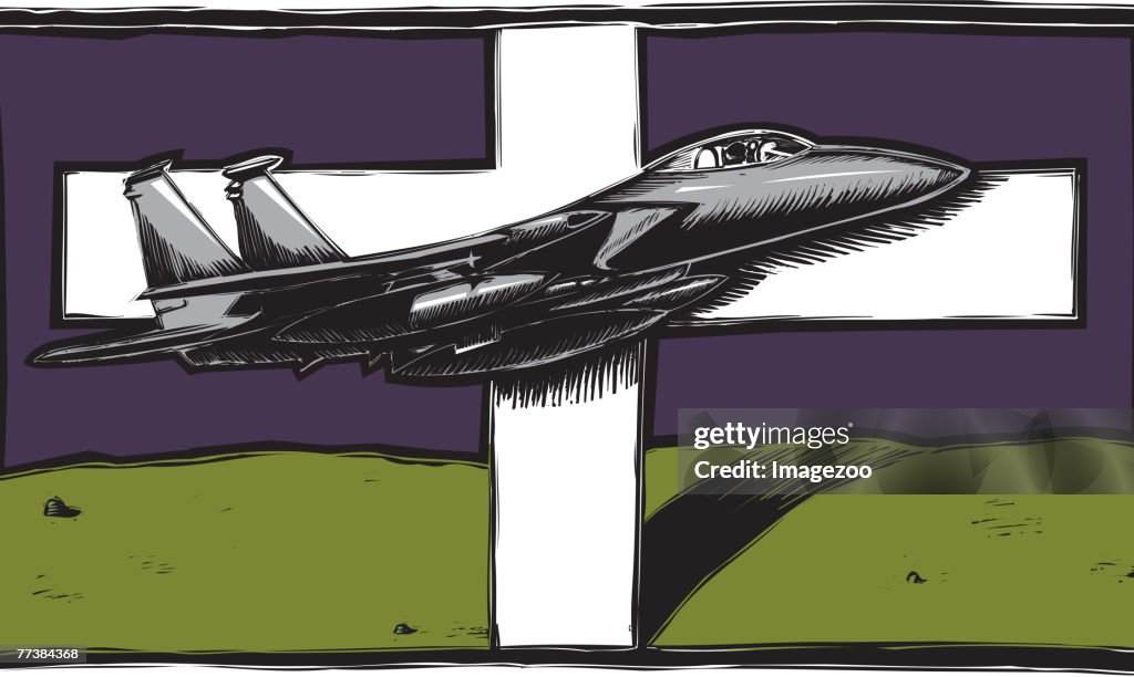 Fighter plane flying in front of graveyard
