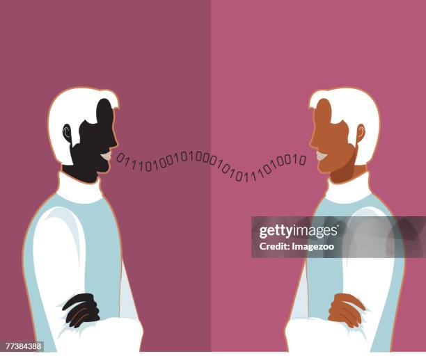 two computer coders talking to each other - man coding stock illustrations