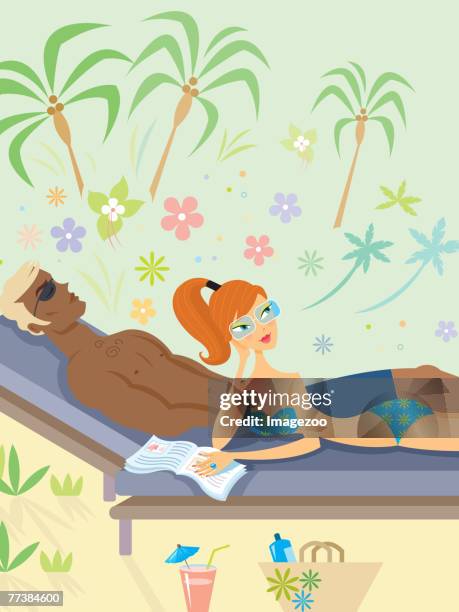 couple relaxing in the sunshine - poolside stock illustrations