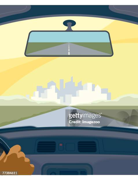 view from the inside of a car on a highway - auto rückspiegel stock-grafiken, -clipart, -cartoons und -symbole