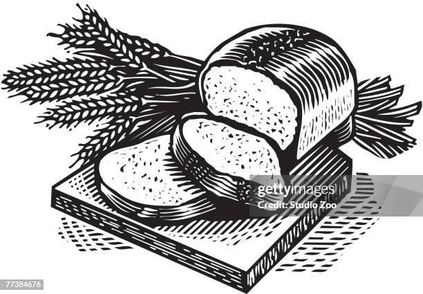 illustrations, cliparts, dessins animés et icônes de sliced fresh bread and wheat stalks on a bread board, black and white - tranche de pain