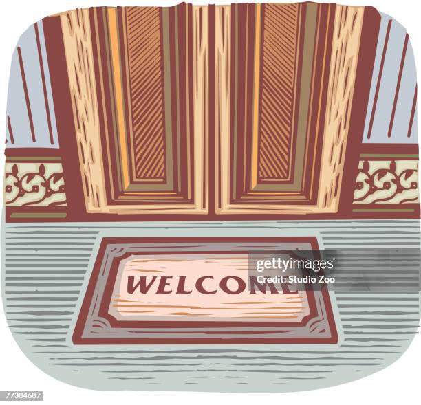 stockillustraties, clipart, cartoons en iconen met welcome mat in front of a door - welkom mat